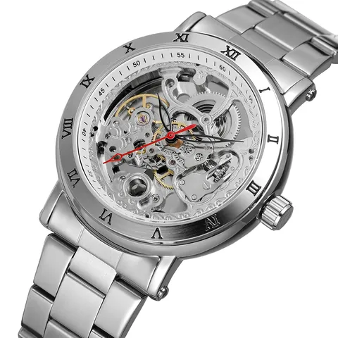 Forsining Men Skeleton Automatic Mechanical Watch Luxury Alloy Case Roman Numerals Business Retro Male Wristwatch
