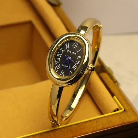 SUNLIFEX Reloj de Brazalete Ovalado para Mujer Oro Rosa Strass Cuarzo Reloj de Pulsera Lujo Vintage Diseño Elegante