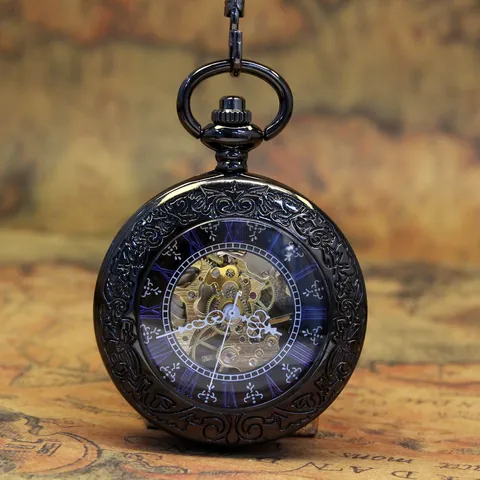 Montre à Gousset Mécanique Vintage Cadran Squelette Chiffres Romains Couvercle Gravé Creux Avec Chaîne Montre Steampunk pour Hommes Femmes