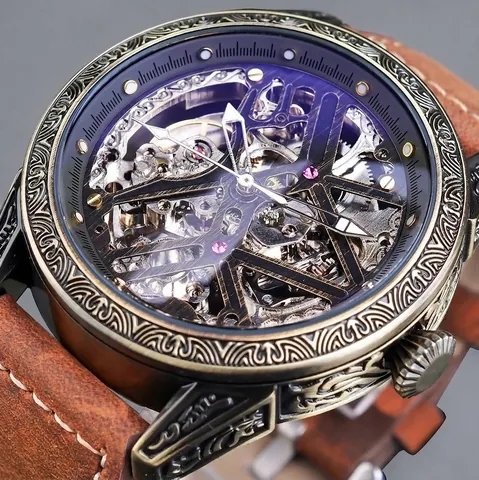 Montre Mécanique Shenhua Vintage pour Hommes Boîtier Gravé Bronze Squelette Montre Automatique Mode Casual Bracelet en Cuir
