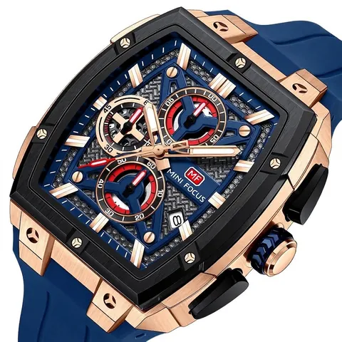 MINI FOCUS Men Luxury Sport Watch Tonneau Multi-Layer Hollow Dial Silicone Strap Waterproof Chronograph Luminous Date Casual Wristwatch