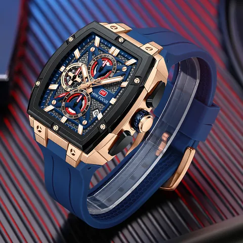 MINI FOCUS Men Luxury Sport Watch Tonneau Multi-Layer Hollow Dial Silicone Strap Waterproof Chronograph Luminous Date Casual Wristwatch