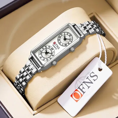 Montre à Quartz Femme Double Fuseau Horaire Boîtier Rectangulaire Chiffres Romains Montre-Bracelet Élégante Bracelet Cuir Acier