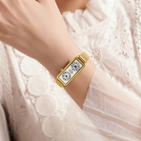 Montre à Quartz Femme Double Fuseau Horaire Boîtier Rectangulaire Chiffres Romains Montre-Bracelet Élégante Bracelet Cuir Acier