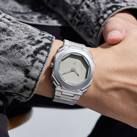Herren Mode Wurmloch Konzept Quarzuhr Achteckige Lünette Edelstahlband Wasserdicht Industrie-Stil Minimalistische Armbanduhr