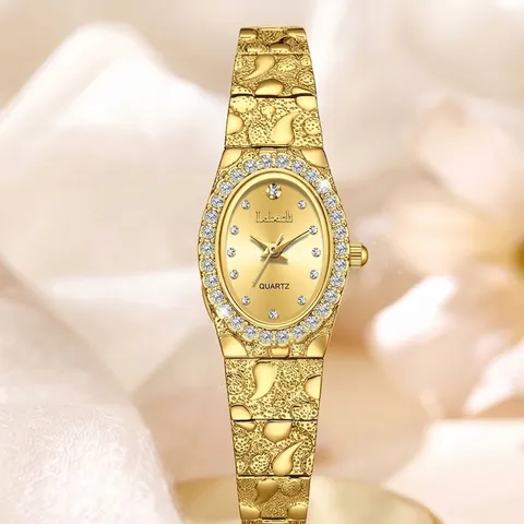 Reloj de Cuarzo para Mujer con Diamantes de Imitación Esfera Ovalada Elegante Correa Texturizada Aleación Impermeable Moda Lujo Reloj de Pulsera Joyería Regalo