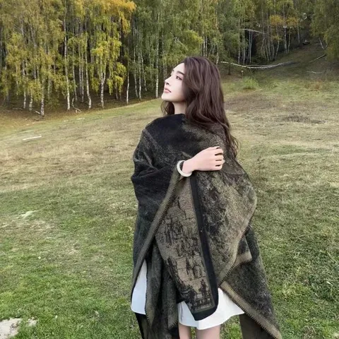 Damen Imitat Kaschmir Gestreickter Schal Ethno-Stil Vintage Jacquard Geometrisches Muster Freizeit Reise Warmer Poncho Umhang