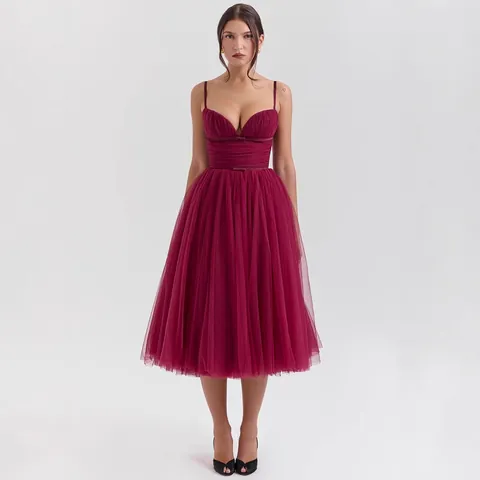 Sexy Backless Sling Tulle Midi Dress For Women Elegant Pleated Mesh Banquet Party Dress Christmas Formal Evening Dress
