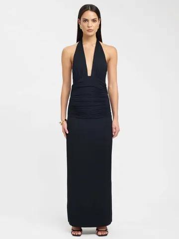 Women Sexy Halter Deep V-Neck Backless Ruched Maxi Dress Solid Color Slim Fit Spliced Long Dress for Summer Party Night Out
