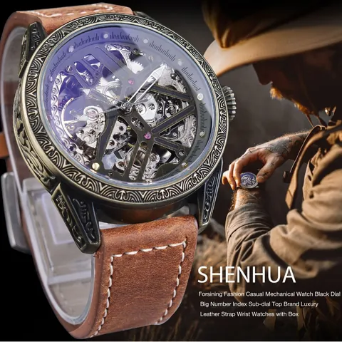 Montre Mécanique Shenhua Vintage pour Hommes Boîtier Gravé Bronze Squelette Montre Automatique Mode Casual Bracelet en Cuir