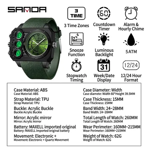 SAMDA Men Dual Display Sports Digital Watch 5ATM Waterproof Luminous Analog Chronograph With TPU Strap ABS Case Outdoor