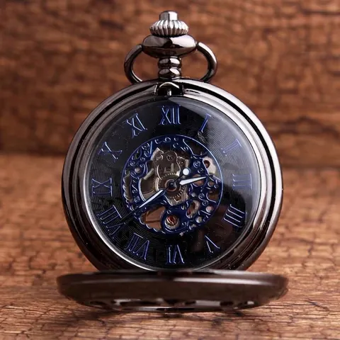 Vintage Steampunk Engrenage Squelette Montre à Gousset Mécanique Hommes Femmes Noir Fusil Évidé Chiffre Romain Pendentif