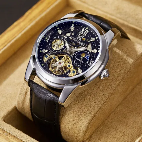 AOKULASIC Men's Automatic Mechanical Watch Hollow Tourbillon Moon Phase Genuine Leather Strap Business Wristwatch