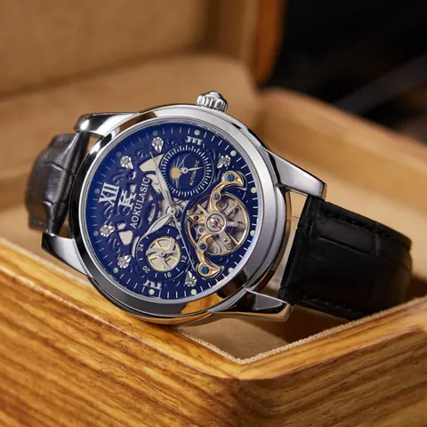AOKULASIC Men's Automatic Mechanical Watch Hollow Tourbillon Moon Phase Genuine Leather Strap Business Wristwatch