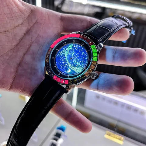 Men's Automatic Mechanical Watch Starry Sky Earth Dial Rainbow Rhinestone Bezel Luminous Waterproof Fashion Leather Strap Watch