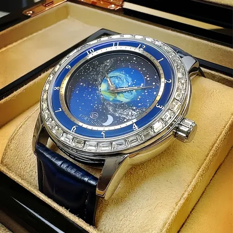 Forsining Men Mechanical Watch Rotating Starry Sky Earth Dial Rhinestone Bezel Genuine Leather Strap Fashion Wristwatch