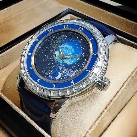 Forsining Men Mechanical Watch Rotating Starry Sky Earth Dial Rhinestone Bezel Genuine Leather Strap Fashion Wristwatch