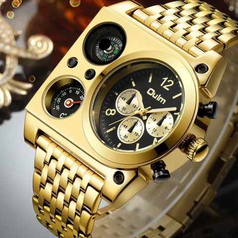 Oulm Montre à Quartz pour Hommes Grand Cadran Multi-Fuseaux Horaires Boussole Thermomètre Lumineux Étanche Bracelet en Acier Allié Luxe