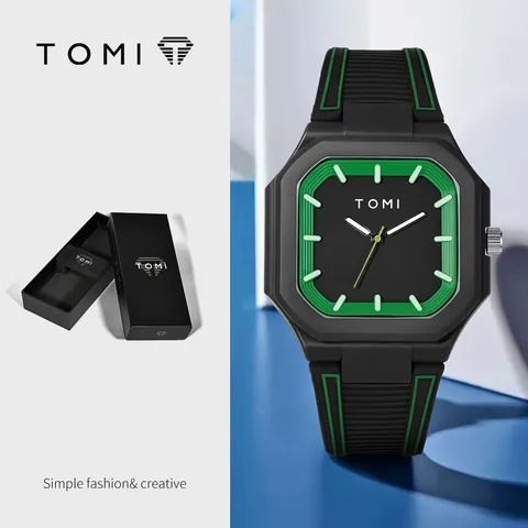 Montre à Quartz en Silicone Carrée TOMI Style Nautilus Grand Cadran Montre-Bracelet Sportive Décontractée Unisexe Avec Boîte Cadeau