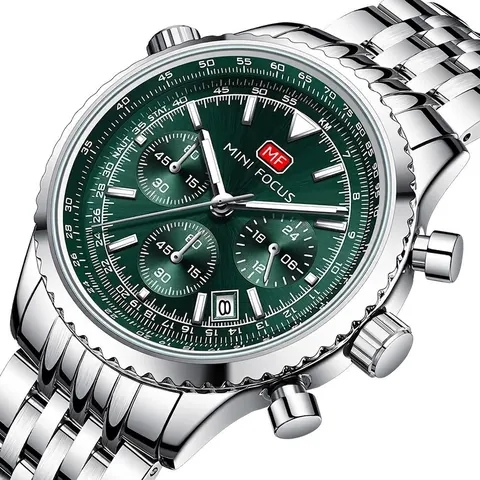 MINI FOCUS Reloj de Cuarzo Multifunción para Hombre Impermeable Luminoso Aviación Cronógrafo Correa de Acero Inoxidable