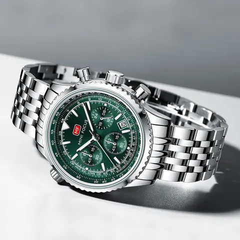 MINI FOCUS Reloj de Cuarzo Multifunción para Hombre Impermeable Luminoso Aviación Cronógrafo Correa de Acero Inoxidable