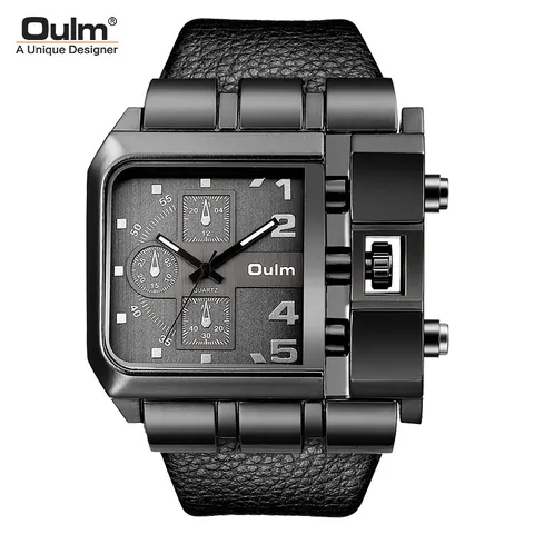 Reloj de Cuarzo Oulm para Hombre Esfera Cuadrada Grande Estilo Industrial Husos Horarios Múltiples Correa de Piel Sintética