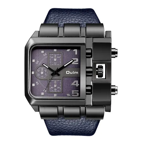 Reloj de Cuarzo Oulm para Hombre Esfera Cuadrada Grande Estilo Industrial Husos Horarios Múltiples Correa de Piel Sintética