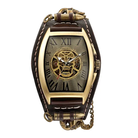 Orologio Meccanico Automatico Steampunk Cavo Teschio Forma Tonneau Quadrante Retrò Bronzo Pelle Cinturino con Rivetti Orologio da Polso Uomo