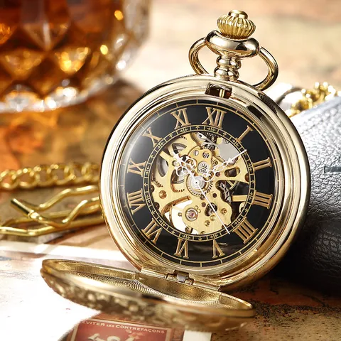 Montre à Gousset Mécanique Squelette Bleu Vintage Avec Couvercle Loupe Collier Pendentif Relief Rétro Chiffres Romains Cadeau Unisexe