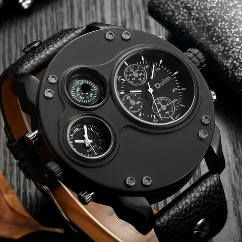 Oulm Men's Sport Large Dial Quartz Watch Dual Time Zone With Compass Leather Strap Alloy Case Military Style Wristwatch