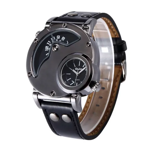 Oulm 9591 Men Fashion Watch Dual Time Zone Personality Sport Quartz Wristwatch Alloy Case Studded Leather Strap Male Jewelry