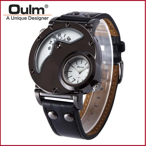 Oulm 9591 Men Fashion Watch Dual Time Zone Personality Sport Quartz Wristwatch Alloy Case Studded Leather Strap Male Jewelry