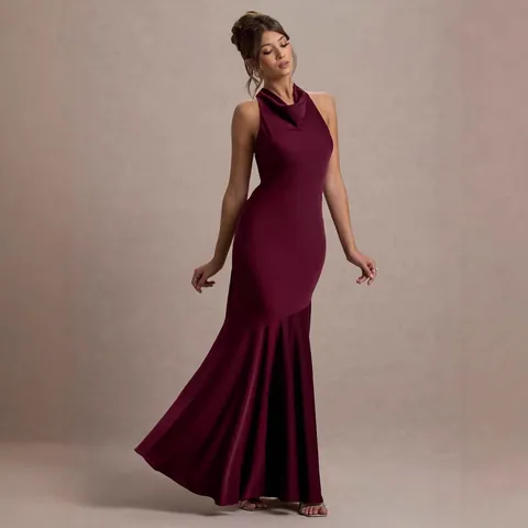 Franse Stijl Watervalhals Meerminstaart Avondjurk Elegante Halter Open Rug Maxi Jurk Effen Kleur Satijn Bruiloft Gast Jurk