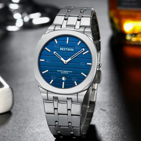 BESTWIN Men's Ultra-Thin Quartz Watch Stainless Steel Band Fashion Business Wristwatch Green Dial Date Water Resistant