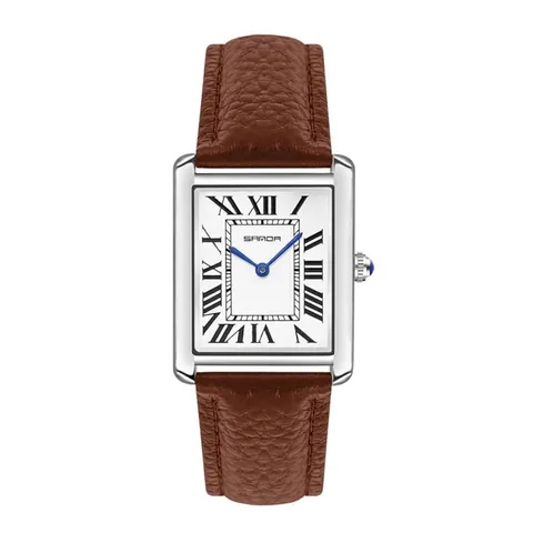 SANDA Rectangular Quartz Watch Roman Numerals Water Resistant Couple Fashion Wristwatch Leather Stainless Steel Analog Watch