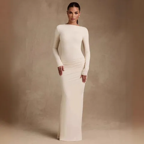 Women Sexy Backless Ruched Bodycon Maxi Dress Long Sleeve Elegant Solid Color Knitted Evening Party Night Club Long Dress