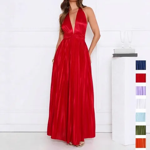 Vestido Largo Plisado Elegante Con Cuello en V Profundo y Cuello Halter Vestido de Noche de Satén de Color Sólido para Mujer Gala