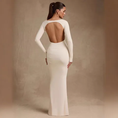 Women Sexy Backless Ruched Bodycon Maxi Dress Long Sleeve Elegant Solid Color Knitted Evening Party Night Club Long Dress