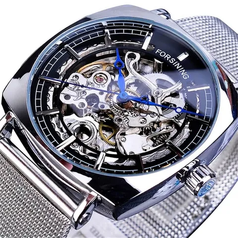 Montre Mécanique Automatique pour Homme Forsining Cadran Squelette Aiguilles Bleues Bracelet en Maille d'Acier Inoxydable Boîtier en Alliage Montre-Bracelet Business