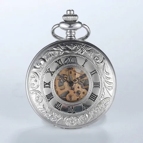 Montre à Gousset Mécanique Creuse Sculptée Vintage avec Double Boîtier pour Hommes Femmes Alliage Rétro Chiffres Romains Cadeau