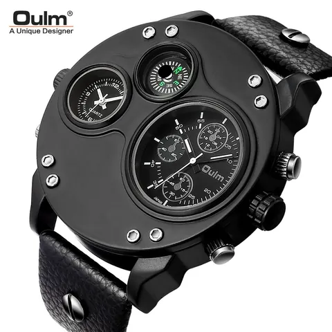Oulm Men's Sport Large Dial Quartz Watch Dual Time Zone With Compass Leather Strap Alloy Case Military Style Wristwatch