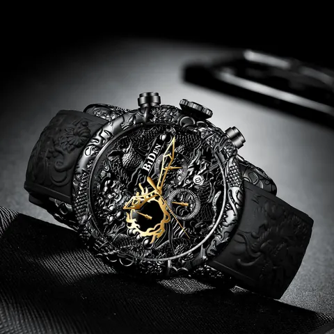 BIDEN Heren Chronograaf Horloge 3D Draak Ontwerp Waterdicht Quartz Horloge Met Zwart Goud Siliconen Band Sport Mode Polshorloge
