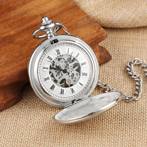 Vintage Silber Doppel Open Mechanische Taschenuhr Mit Kette Hohl Skelett Römische Ziffern Zifferblatt Gestreiftes Muster Gehäuse Unisex