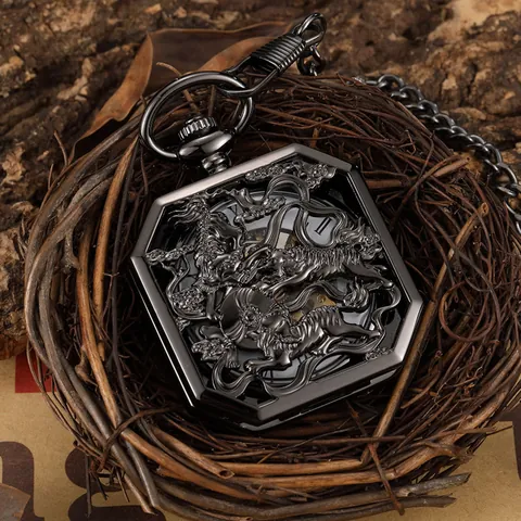 Retro Mechanical Pocket Watch Hollow Out Flip Cover Roman Numerals Dragon Tiger Relief Engraved Tungsten Color Alloy Gift Watch For Men