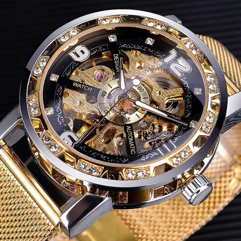 Reloj Mecánico de Esqueleto para Hombre Moda de Lujo con Incrustaciones de Strass Correa de Malla de Aleación Reloj de Pulsera de Cuerda Manual