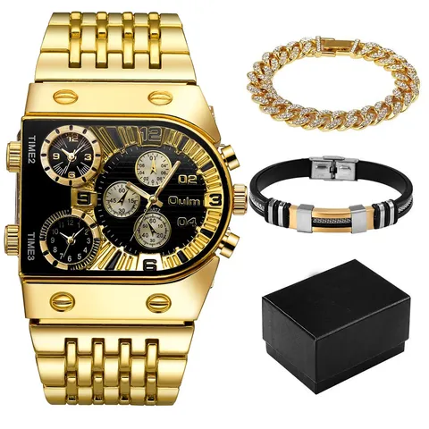 Oulm Coffret Montre à Quartz Homme Fuseaux Horaires Multiples Grand Cadran Avec Bracelet Cuban Link Strass Bracelet en Acier Inoxydable