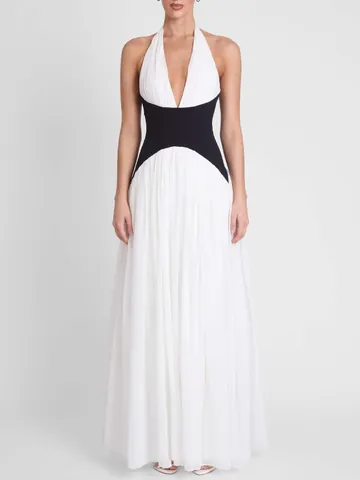 Women's French Halter Neck Backless Pleated Maxi Dress Elegant Color Block High Waist Occasion Gown For Banquet Wedding