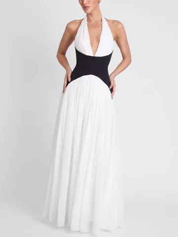 Women's French Halter Neck Backless Pleated Maxi Dress Elegant Color Block High Waist Occasion Gown For Banquet Wedding