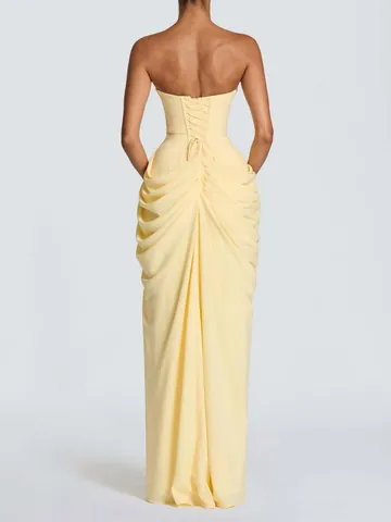 Women Strapless Ruched Evening Dress Polyester Slim Fit High Slit Floor Length Gown Elegant Party Wedding Banquet Dress
