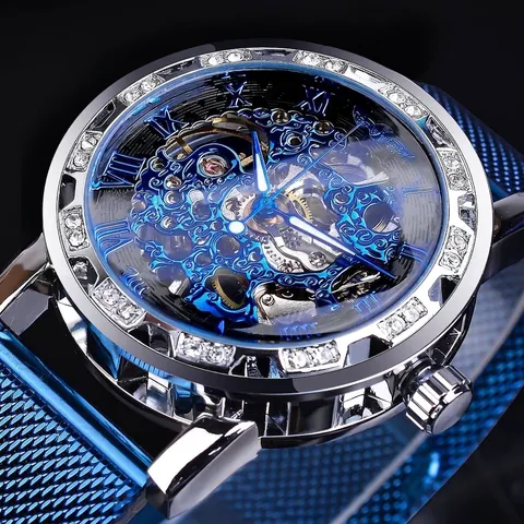 Montre Mécanique Manuelle pour Homme de Luxe Winner Cadran Squelette Lunette en Strass Bracelet en Maille d'Acier Inoxydable